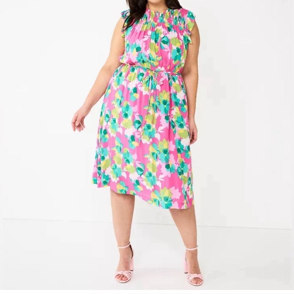 Draper James RSVP Smocked-Yoke Ruffle Floral‎ Lined Midi Dress Size XL Garden